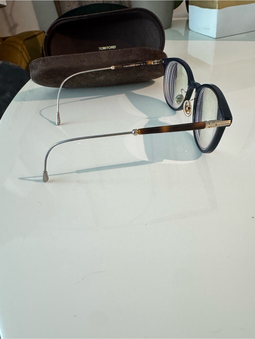 Tom Ford Navy and Tortoise Round Optical Glasses with Gold Temples